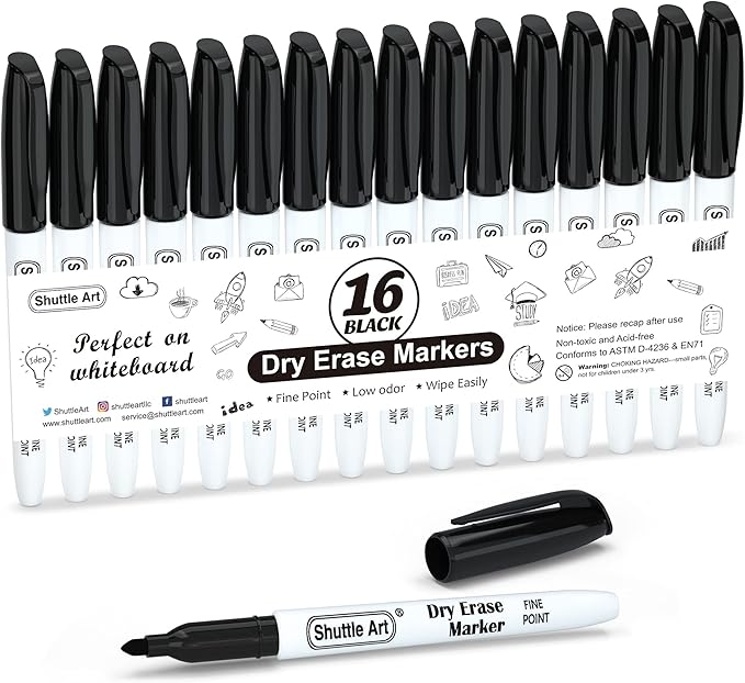 Shuttle Art Dry Erase Markers, 16 Pack Black Whiteboard Markers,Fine Tip Dry Erase Markers for Kids,Perfect for Writing on Whiteboards, Dry-Erase Boards,Mirrors,Calender,School Office Supplies