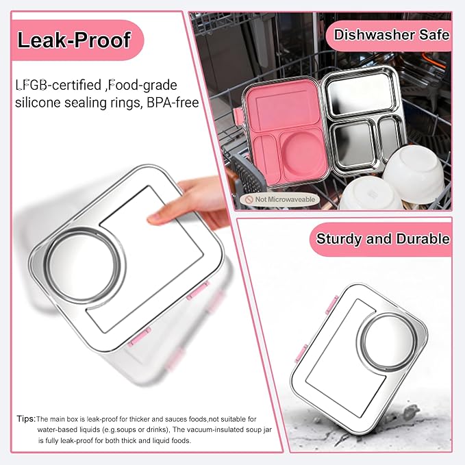 Stainless Steel Bento Lunch Box-7+ Older Kids，Teens ＆ Adult with Insulated Food Jar,Leakproof 3-Compartment,BPA-Free, Eco-Friendly,Dishwasher Safe, Large-Capacity Box, School,Office,Travel （Pink)