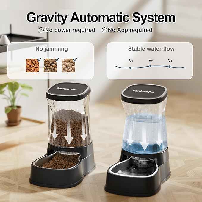 Automatic Pets Gravity Feeder and Water Dispenser Set with Stainless Steel Bowl, 1Gallon x 2 Stable Dog Food Feeder and Waterer, 100% BPA-Free for Small&Medium Dogs, Cats, Puppies(Black)