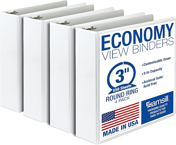 Samsill 3 Inch 3 Ring Binders, Economy Round Ring, Clear View Cover, 550 Sheet Capacity - for School, Home, Office - White, 4 Pack