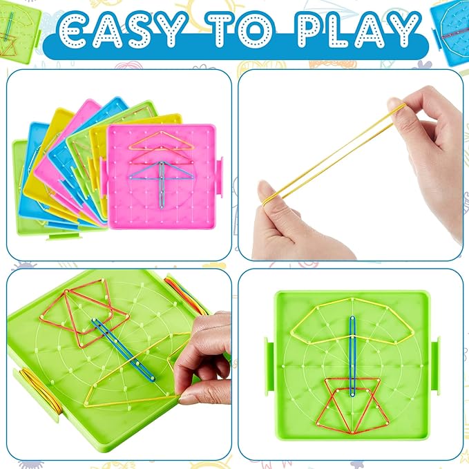 Deekin 50 Pcs Double Sided Geoboard Mathematical Kids Geoboards with Rubber Bands Math Manipulatives Toy for Geometry, 6.9 x 6.3 Inches Classroom Back to School