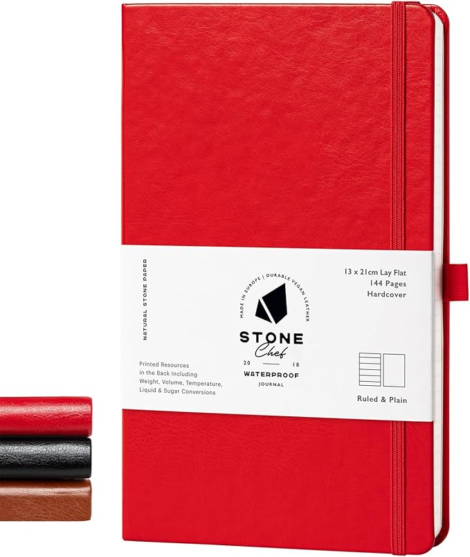 Stone Journal Chef Notebook – 13 × 21 cm Waterproof Paper, 144 Pages, Half Lined & Half Blank, Vegan Leather Hardcover, Kitchen Conversions, Premium Journal (Red)