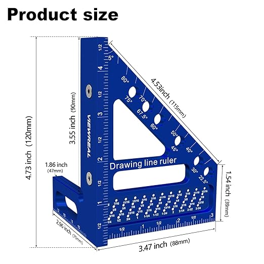 3D Multi-Angle Aluminum Alloy Woodworking Square Ruler, 22.5-90 Degree Protractor, High Precision Miter Triangle Ruler for Engineers, Carpenters, and Craftsmen