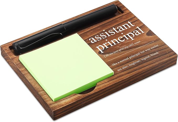 CINRLLA Assistant Principal Sticky Note Holder Wooden Notepad & Pen Holder 6.5"" x 4.7"" Sticky Note Pad Holder Dispenser for Desk Assistant Principal Definition Work Gifts, NPA187, Brown