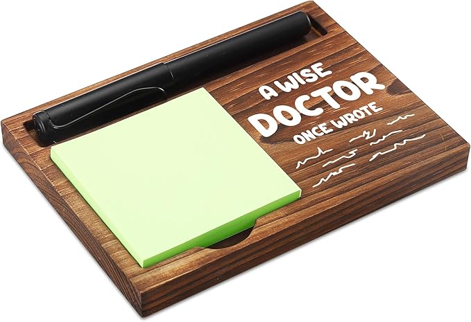 CINRLLA Doctor Sticky Note Holder Wooden Notepad & Pen Holder 6.5"" x 4.7"" Sticky Note Pad Holder Dispenser for Desk Doctor Work Humor Gifts, NPA191, Brown
