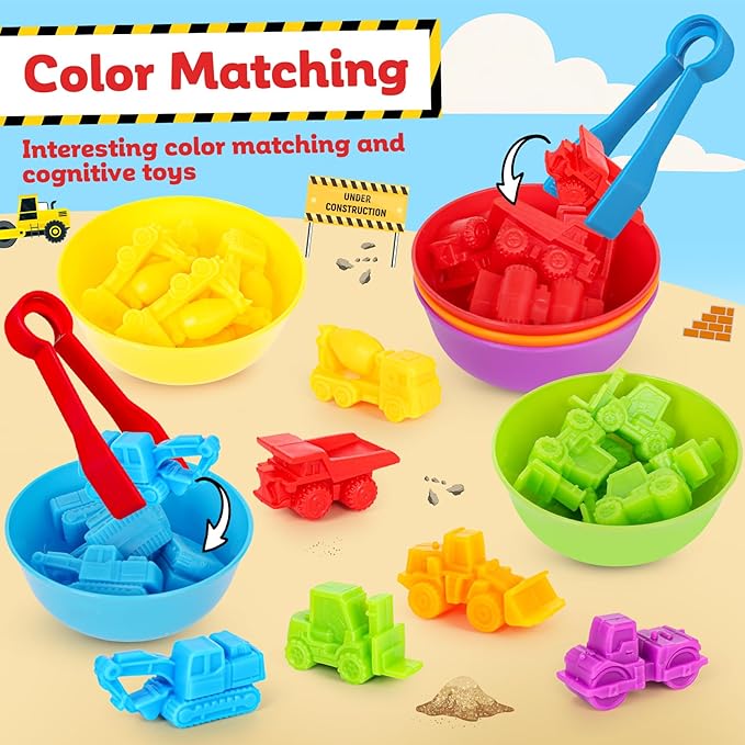 Counting Construction Vehicles Color Sorting Matching Games for Toddlers 3-5, Preschool Educational Learning Fine Motor Counting Transportation Matching Classroom Sensory Table Toys for Boys Girls