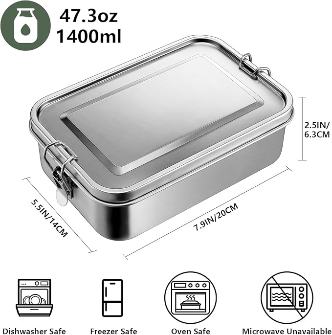 Leonyo 2 Pack 47oz 18/10 Stainless Steel Lunch Box, 1400ml Metal Bento Box for Adults with 2 Dividers, Leak-Proof Bento Snack Containers for Women Man, Dishwasher Safe, Oven Safe Except for Lid