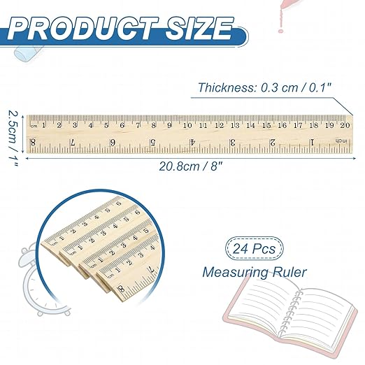 PATIKIL 8 Inch Wooden Rulers, 24 Pcs Drafting Ruler Measuring Drafting Tools with Centimeters and Inches for Office Home Teacher Drawing Supplies, Wood