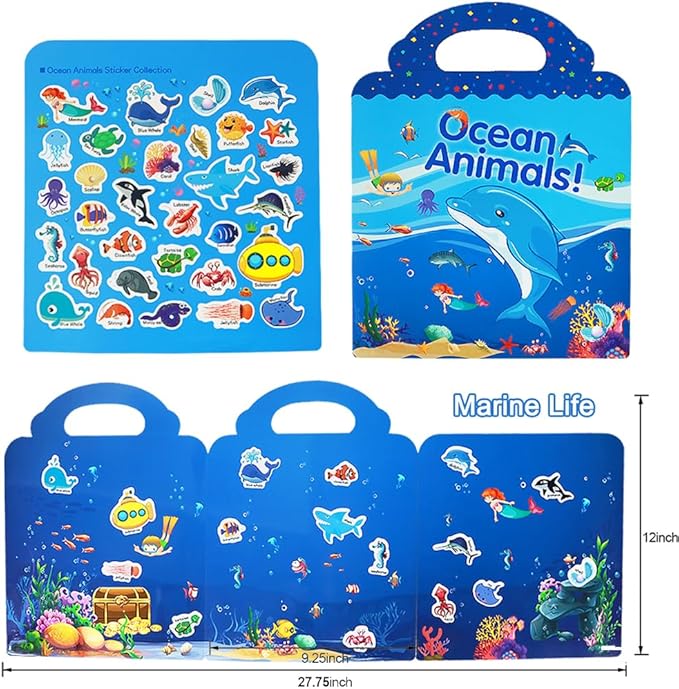 Reusable Sticker Book for Kids, Ocean Stickers Educational Learning Toys Travel Stickers Activity Books for Toddler Girls Boys Age 3+ Birthday Gifts