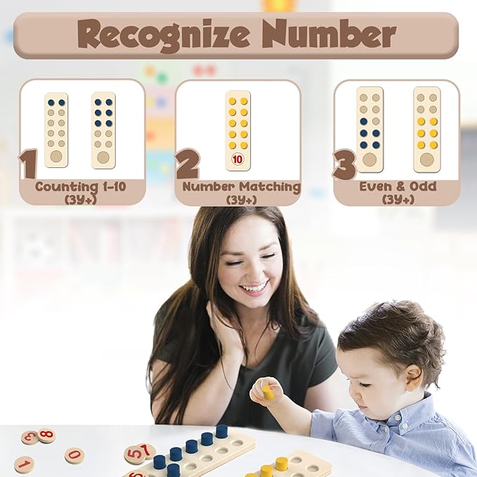 TEUVO Counting Peg Board Montessori Toys for Kids Aged 3 4 5 6 Years Old, Montessori Math Manipulatives Materials Wooden Preschool Learning Number and Counting Games for Home School Classroom Teaching