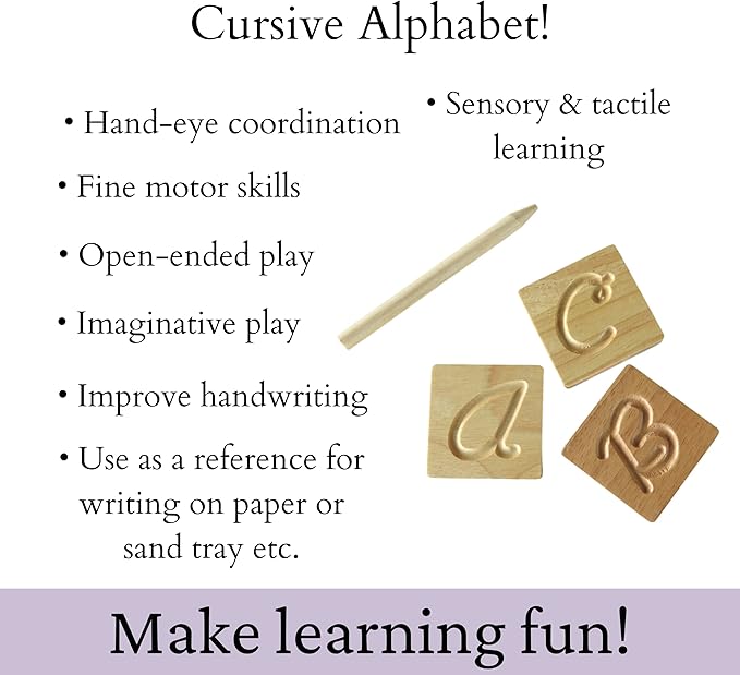 Montessori Cursive Wooden Alphabet Tracing | Preschool Learning Letter Tracing | ABC Flash Cards | Double Sided Uppercase and Lowercase | Includes Storage Box and Stylus Pen | Set of 26 Pieces