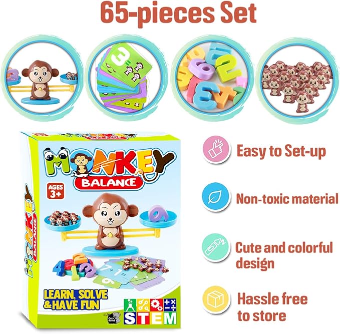 CozyBomB™ Monkey Scale Balance Counting Toys Math Games STEM Preschool Educational Toys for 3 4 5 Year olds Math Educational Kindergarten Number Learning Games Gifts for Boy Girl Birthdays Christmas