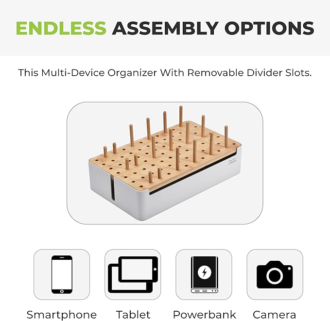 Prosumers Choice Bamboo Charging Station for Multiple Devices - Wooden Charger Organizer with Removable Dividers for Phones, Tablets, and Laptops - 11 Inch Cable Organizer Box - Space-Saving Desk Dock