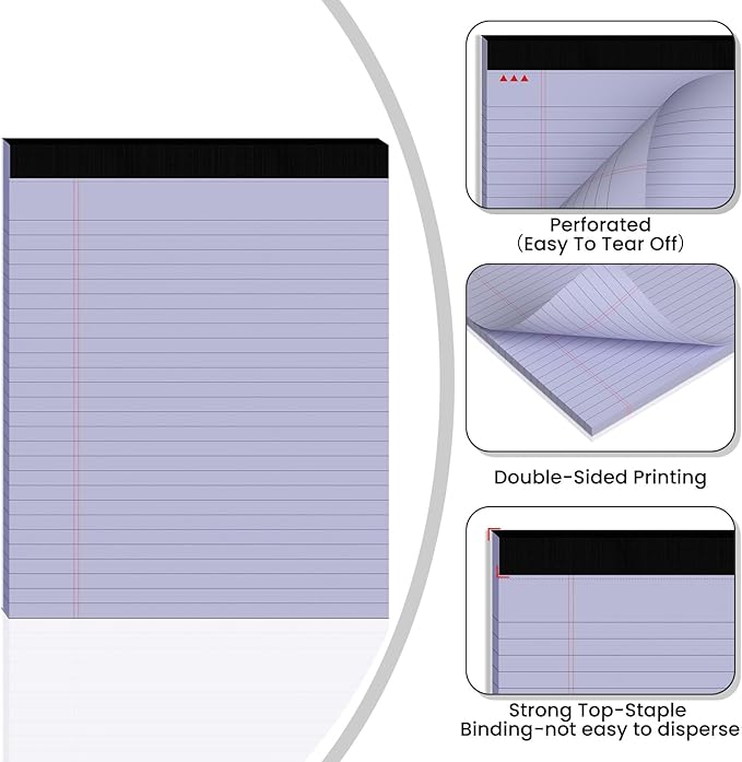 3pcs Legal Pads 8.5 x 11,Notepads 8.5 x 11 Inch, 30 Sheets/Pack, Purple Note Pads Clear Print Writing Pads of Paper, Perforate Wide Ruled Lined with Sturdy Back for Office, Business & School Supplies