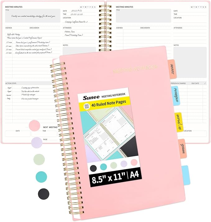 SUNEE Meeting Notebook for Work with Sticky Tabs - 160 Pages, A4 Size Project Planner, Spiral Meeting Agenda/Minutes Notebook Organizer for Women Men, Note Taking, Office & Business, 8.5"x11", Pink