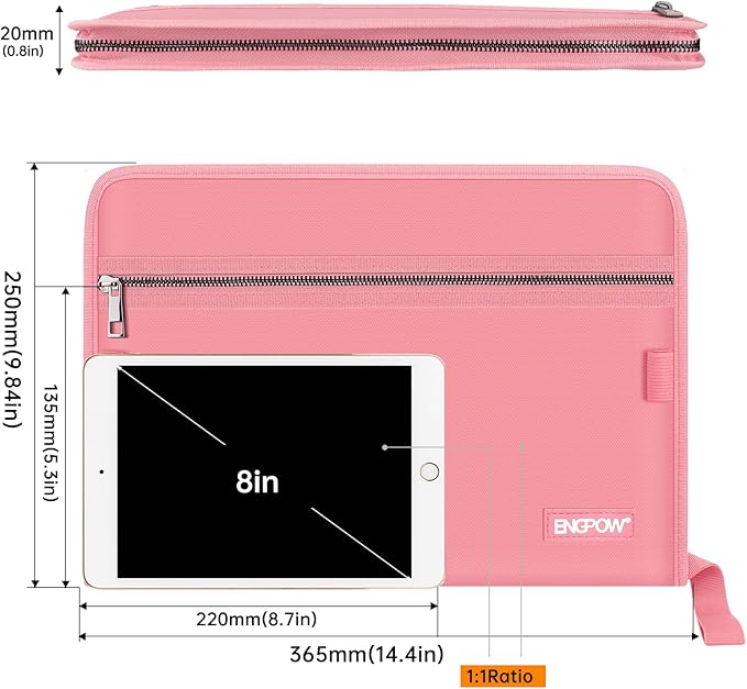 ENGPOW Accordion File Organizer,Fireproof 13 Pockets Expanding File Folder,Document Organizer Folder with Zipper＆Labels,Portable Home Travel Safe Storage for Letter A4 Files and More,Pink