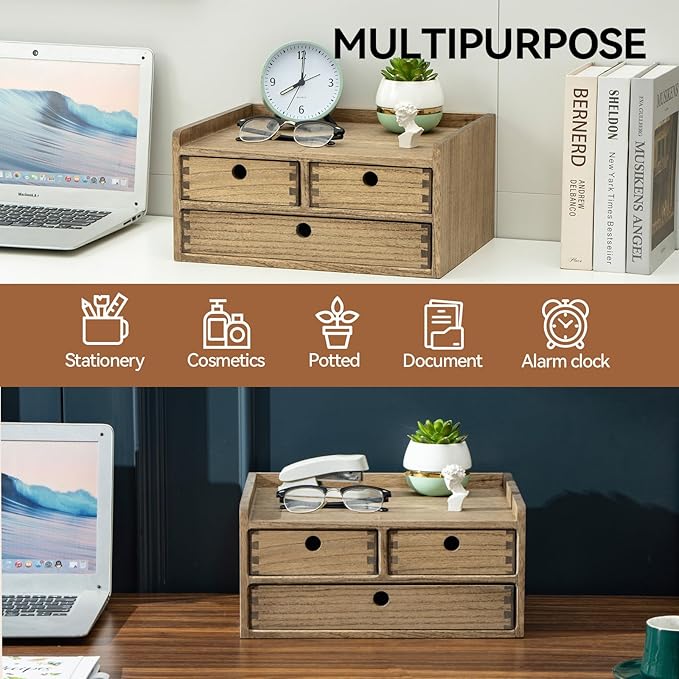 KIRIGEN Desk Organizer with Drawers - Wood Drawer Storage Box with Trays for Tabletop - Workspace Office Toiletries Supplies Tool Caddy - Wooden Storage Cabinet Dark Brown（DT2D3C-DBR）