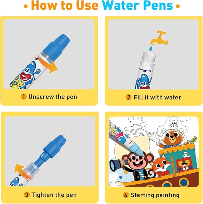 BATHKITS Magic Water Coloring Books for Kids, Reusable Water Painting Books with Water Pen, Fairy Tale Themes,No Mess Paint, Travel Activity Toy, Ages 3+