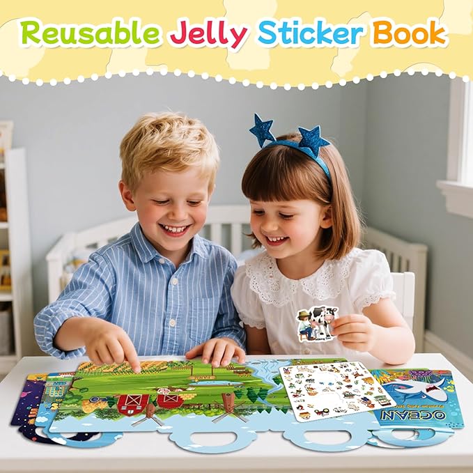 3 Sets of Reusable Jelly Stickers Books - Perfect for 3-6 Year Olds Jelly Stickers Books - Airplane and Car Travel Toys Educational Gifts for Boys and Girls (Beach+Supermarket+Party)