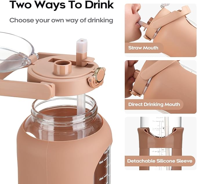 74 oz Glass Water Bolttles with Straw Large Motivational Water Bottle with Time Marker Sports Water Bottles with Silicone Sleeve and Handle Lid 2.2L Water Jug for Gym Workout