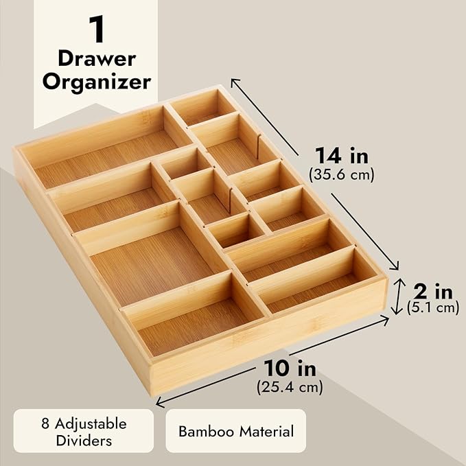 Juvale Drawer Organizer Tray - 8-Slot Drawer Divider for Utensils - Versatile Silverware Holder - Desk Tray for Office Supplies - 14 x 10 x 2 in, Brown, Bamboo