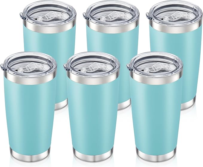 20 oz Tumbler Bulk with Lid Stainless Steel Insulated Tumblers Double Wall Vacuum Coffee Mug Powder Coated Tumbler Cups for Cold and Hot Drinks, Sky Blue, 6 pack