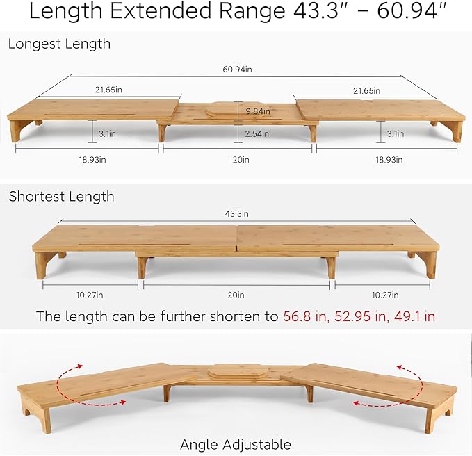 Nnewvante Monitor Stand Riser, 60 inch Large Bamboo Dual Monitor Stand for Desk, 3 Shelves Desktop Screen Riser with Adjustable Length Angle for Computer Laptop PC