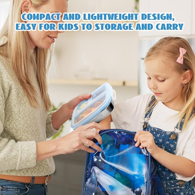 2 Pack Snack Containers for Kids, 3 Compartments Reusable on the go Bento Box with Lids, Stainless Steel Toddler Lunch Box Pre Meal Storage for Daycare School Outdoor Camping - Blue Orange