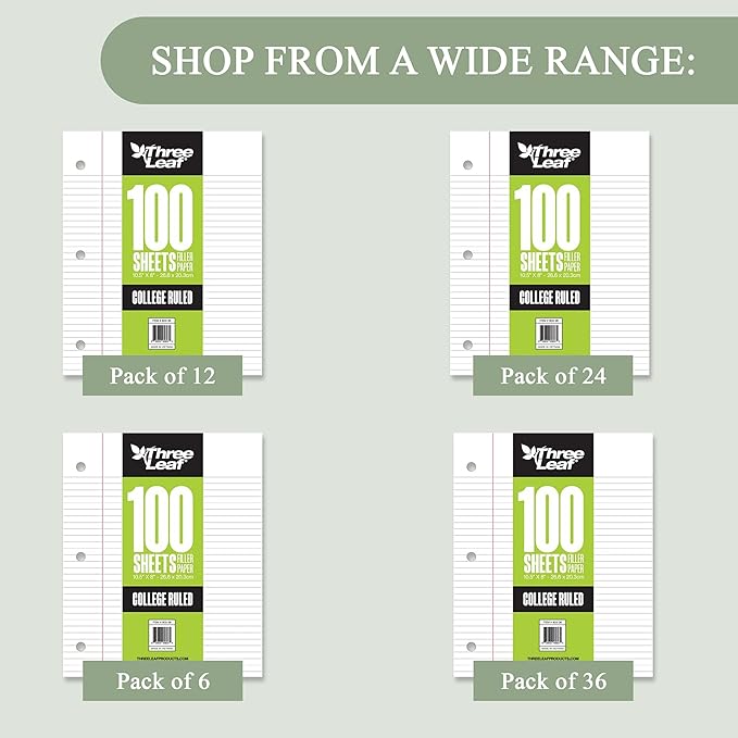 Three Leaf 100 Sheets College Ruled Filler Paper, 1728 Ct. (48 Cases X 36 Filler Paper), Loose-Leaf Sheets For School And Office