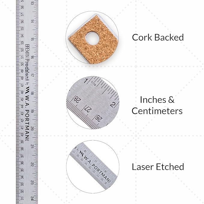 Breman Precision Metal Ruler 36 Inch Cork Back – Stainless Steel Straight Edge, Flexible Non-Slip Metal Ruler with Cork Backing – Imperial & Metric for Crafting, School, Workshop & Home Use