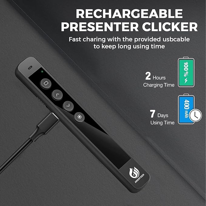 AMERTEER Wireless Presenter Remote – Presentation Clicker with 2.4GHz RF Hyperlink & Volume Control, Built-in Rechargeable Battery, Compatible with Keynote, PowerPoint, Mac, PC, and Laptops