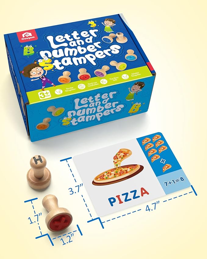 Coogam Wooden Alphabet Number Stamp Flashcard, ABC Spelling Letter Stampers and Mathematics Learning Number Stampers Arts and Crafts Supplies, Montessori Educational Toy Gifts for 3 4 5 Year Old