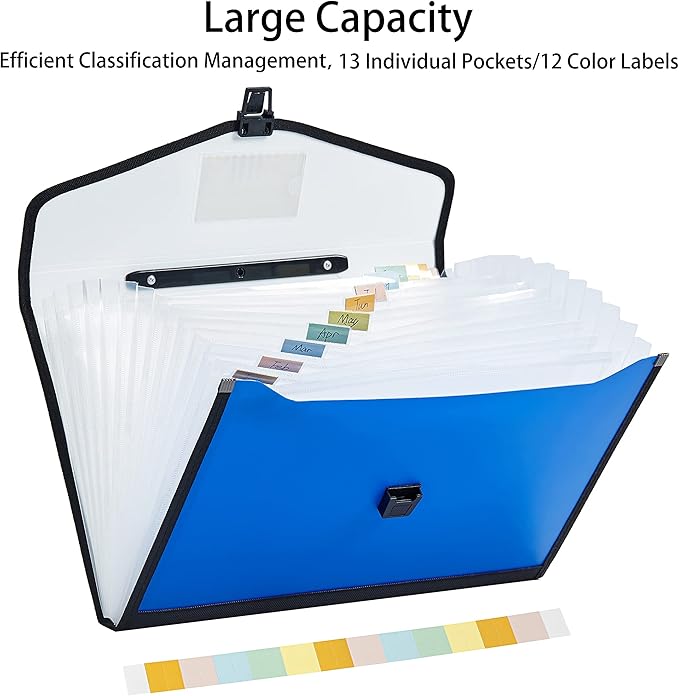 Legal Size 13-Pockets Expanding File Folder with Handle, Plastic Accordion Filling File Folder Expandable Monthly Portable Paper Document Organizer for Office School & Home (Blue-1)
