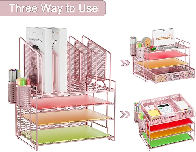 Marbrasse Desk Organizers, 4-Tier Mesh Desk File Organizer with 5 Vertical File Holders and 2 Pen Holders, Multifunction Desktop Organizer,Desk Organizers and Accessories for Home Office (Pink)