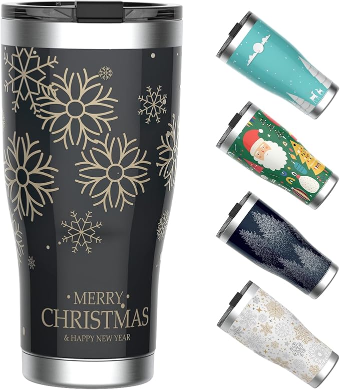 HAUSHOF 20oz Christmas Tumbler, Stainless Steel and Double Wall Insulated Travel Coffee Mug with Lid, Good Choice for Christsmas Gifts-Black with Snowflakes