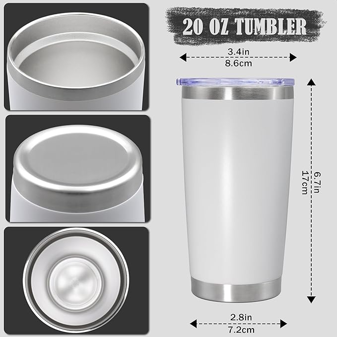 20 oz Tumbler Coffee Travel Tumblers Bulk with Lid Stainless Steel Double Wall Vacuum Insulated Mug Powder Coated Cups fit Car Cupholder for Hot and Cold - White, 1Pack