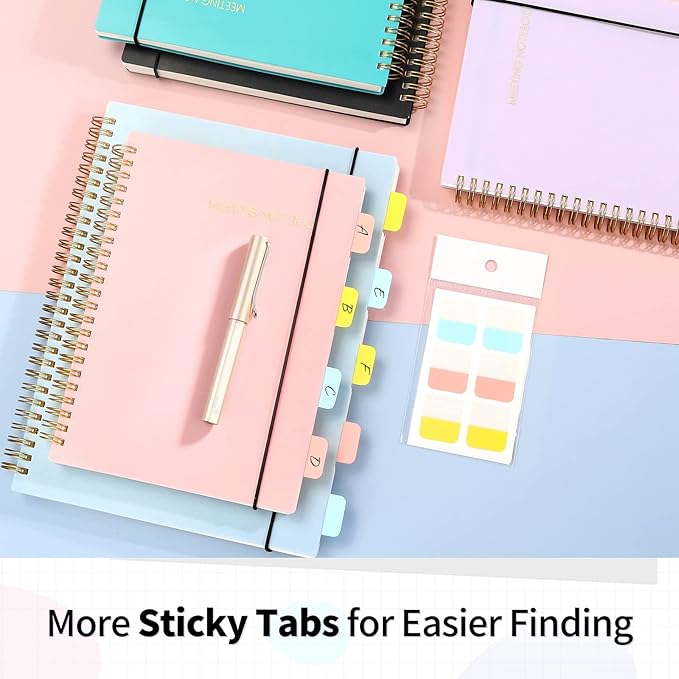 SUNEE Meeting Notebook for Work with Sticky Tabs - 160 Pages, A4 Size Project Planner, Spiral Meeting Agenda/Minutes Notebook Organizer for Women Men, Note Taking, Office & Business, 8.5"x11", Pink