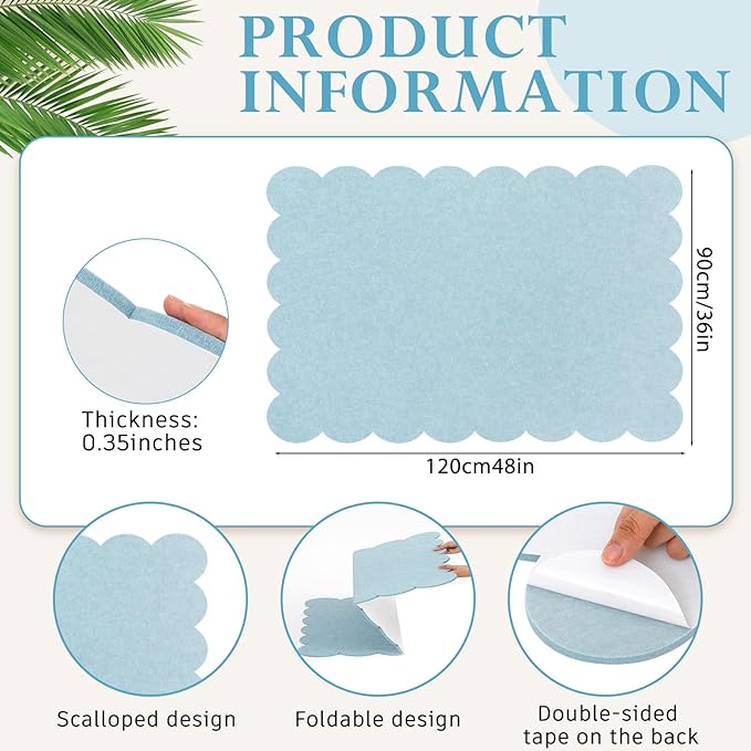 Mooliwe Scalloped Felt Bulletin Board 48 x 36 Inches Foldable Light Blue Pin Cork Board Alternative for Wall, 4' x 3' Trifold Picture Vision Self Adhesive Bulletin Decorative
