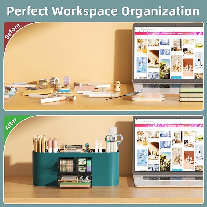 Marbrasse Pen Holder for Desk with 3 Drawers, Multi-Functional Pencil Holder, Desk Organizers and Accessories with 7 Compartments for Home, School, Classroom (Dark Green)