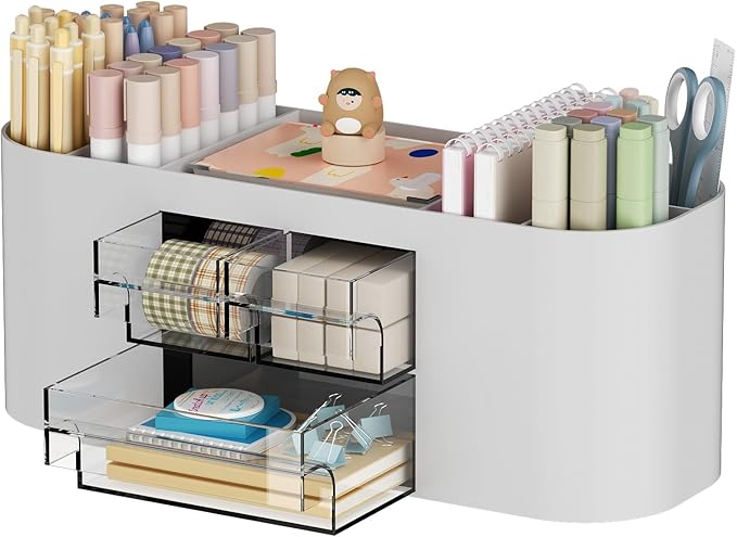 Marbrasse Desk Organizer Pen Holder for Desk with 3 Drawers, Multi-Functional Pencil Holder, Desk Organizers and Accessories with 7 Compartments for Home, School, Classroom(Grey)