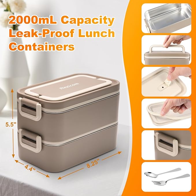 Stainless Steel Lunch Box for Kids and Adult, Two Layer 2 L Capacity Leak-Proof Bento Box for Kids, Lunch Containers for Women School Office with Stainless Steel Soup Bowl Spoon and Fork