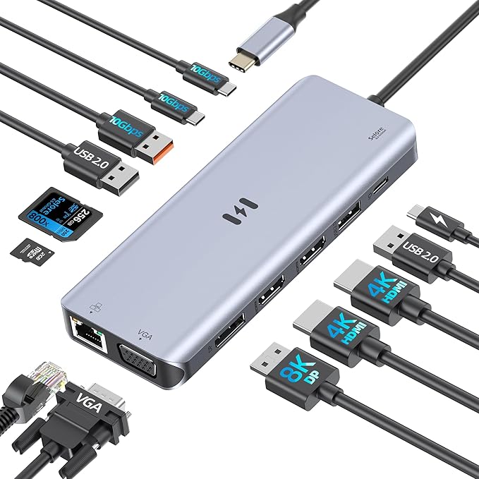 USB C Docking Station 4 Monitors,13 in 1 Laptop Docking Station 3 Monitors with Dual HDMI,8K DP,VGA,10Gbps USB A/C Data Transfer, PD Charging,USB C Hub Multiport Adapter for Windows/macOS Laptop