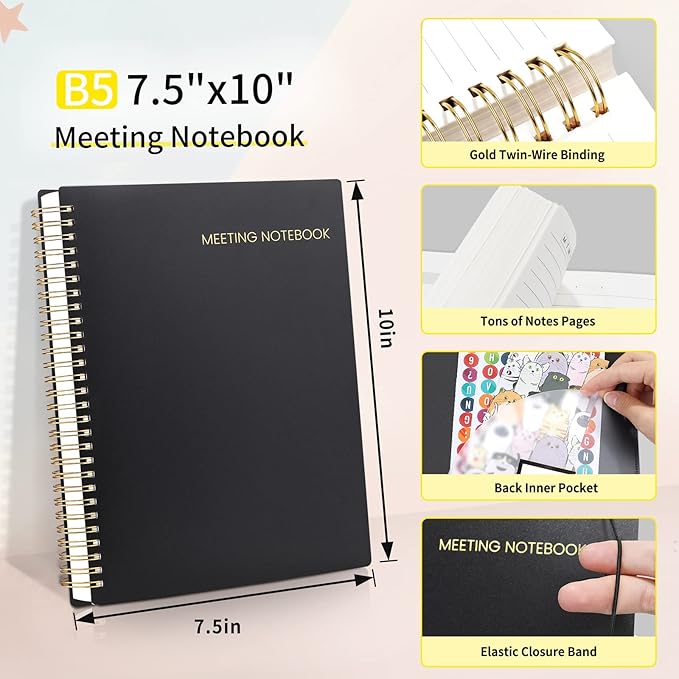 SUNEE Meeting Notebook for Work with Sticky Tabs - 160 Pages, B5 Size Project Planner, Spiral Meeting Agenda/Minutes Notebook Organizer for Women Men, Note Taking, Office & Business, 7"x10", Black