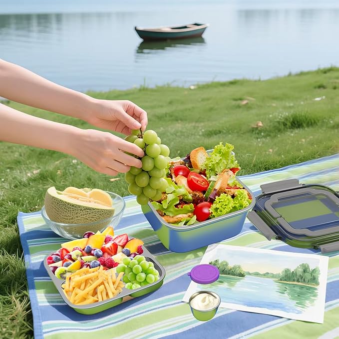 Set of 2 Salad Container for Lunch Large-60-oz Salad Bowl with Lid,3 Compartment Bento-Style Tray and 1.5-oz Salad Dressings Container,Stainless Steel container with Lids, Lunch Box, Bento Box(Grey)