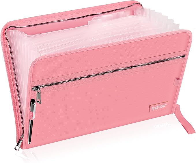 ENGPOW Accordion File Organizer,Fireproof 13 Pockets Expanding File Folder,Document Organizer Folder with Zipper＆Labels,Portable Home Travel Safe Storage for Letter A4 Files and More,Pink
