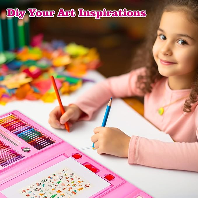 KINSPORY Art Supplies, 290 Pack Art Sets Crafts Drawing Coloring kit, Double-Side Trifold Easel, Oil Pastels, Crayons, Colored Pencils, Creative Gift for Beginners Artists Girls Boys Kids (Pink)