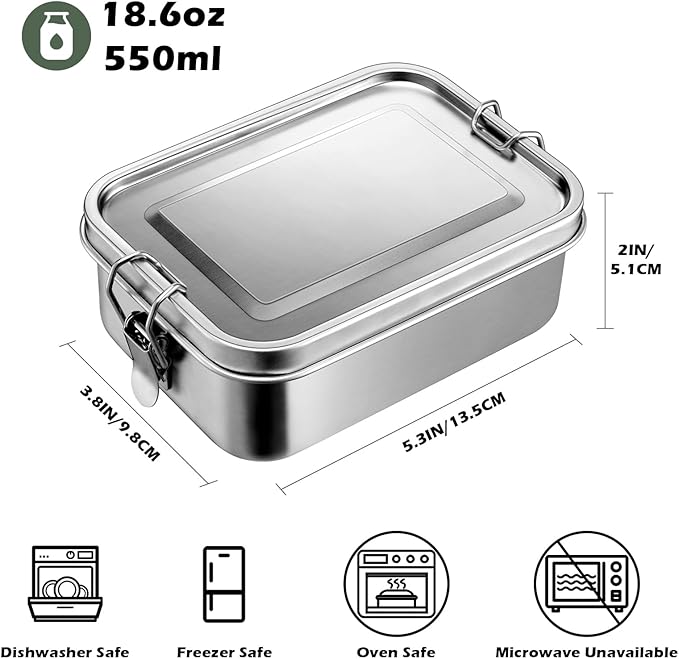 Leonyo 18.6oz 18/10 Stainless Steel Lunch Box, 550ml Mini Reusable Metal Bento Box, Leak-Proof Small Food Snack Containers for Camping, Dishwasher Safe, Oven Safe Except for Lid
