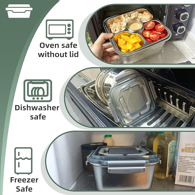 Salad Container for Lunch 2 Pack,3-Compartment Bento-Style Tray,1.5-oz Sacue Container, Dishwasher, Microwave, and Oven Safe (Gray&White)