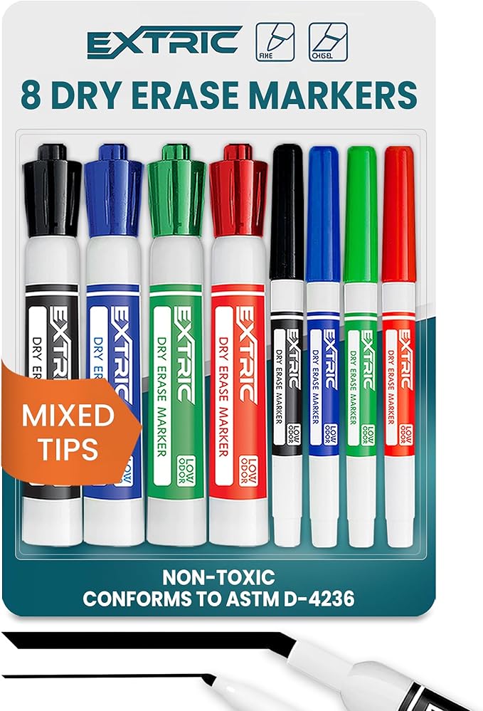 EXTRIC Dry Erase Markers, Whiteboard Markers Fine Tip and Chisel Tip, 8 White Board Marker Dry Erase, Mixed Tip 4 Thick and Thin White Board Marker for School Supplies, Teachers and Students