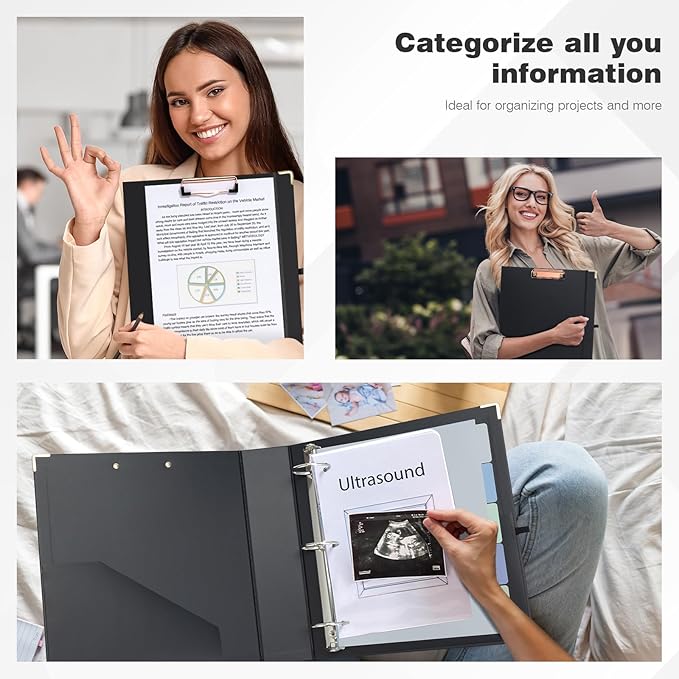 Ospelelf 3 Ring Binder, 2 Inch, Cute Letter Size (11" x 8.5") with 5 Tab Dividers, File Folder Labels and Low Profile Clipboards, Black for School and Office Supplies